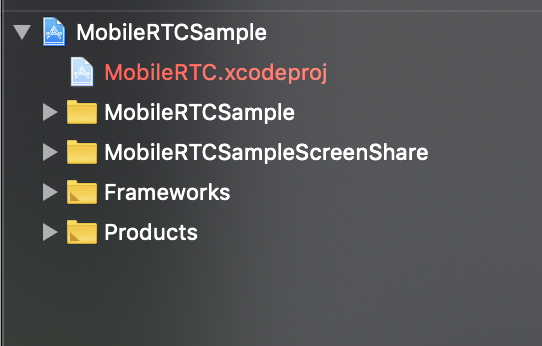 Screenshot of a file folder named 'MobileTRCSample'. Its contents are one file named 'MobileTRCSample.xcodeproj' and four folders: 'MobileTRCSample', 'MobileTRCSampleScreenShare', 'Frameworks', and 'Products'.