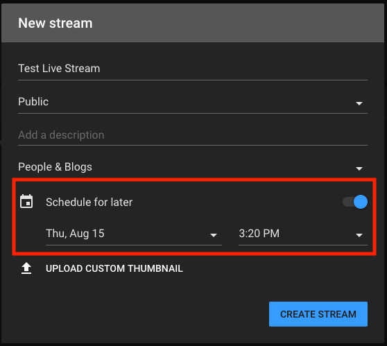 YouTube settings for Schedule for Later