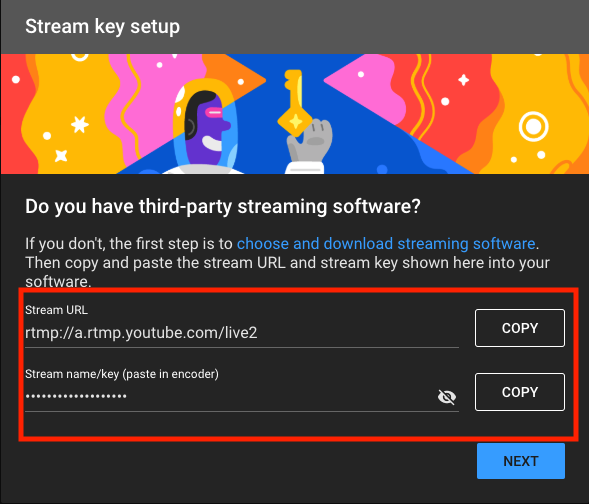 YouTube Stream URL and Key setup