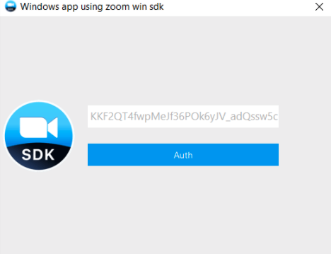 Screenshot of the demo app's second dialog, titled Windows app using Zoom win SDK. It has the Zoom logo, a field for the JWT token, and an Auth button.