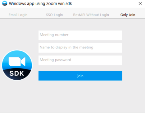 Screenshot of the Join Only tab of the demo app's third dialog. This Join Only tab shows the Zoom logo, a field for the Meeting ID, a field for your User Name or Display Name, a field for the Meeting Password, and a Join button.