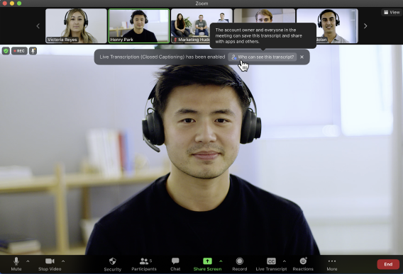 A screen shot of a meeting with live transcription enabled, and showing its initial legal notice.