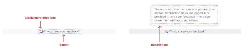 Two example screenshots of disclaimer notices: one with the icon and the prompt, and a second with the opened notice window and notice text.