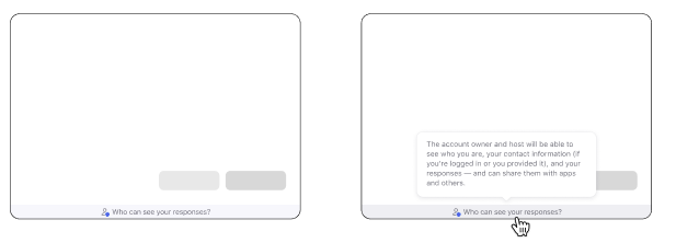 A screenshot showing two example disclaimer notices on a desktop, one with just the initial prompt and one with the popover containing the notice text.