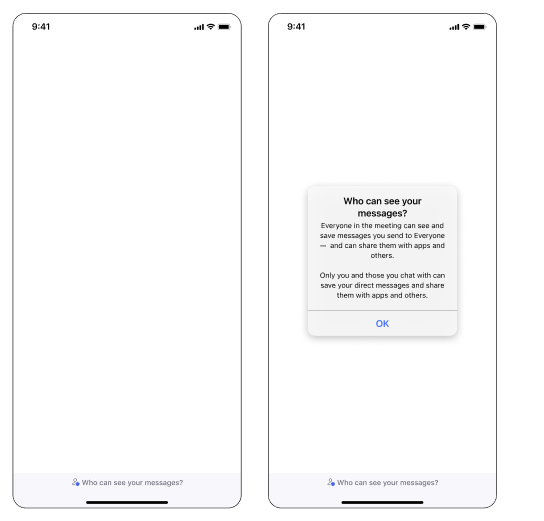 A screenshot showing two example disclaimer notices on a mobile screen, one with just the initial prompt and one with an alert box containing the notice text.