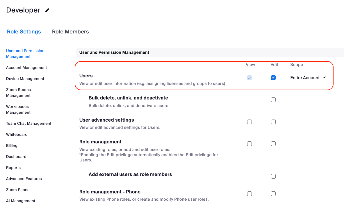 Server-to-Server OAuth app role management - View and Edit Users