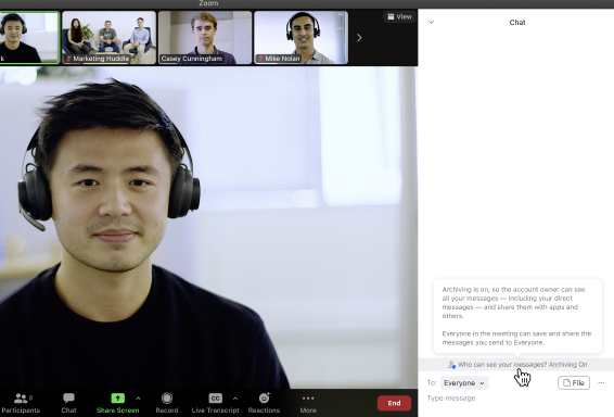 A screenshot of an archivable meeting chat with its initial legal notice.