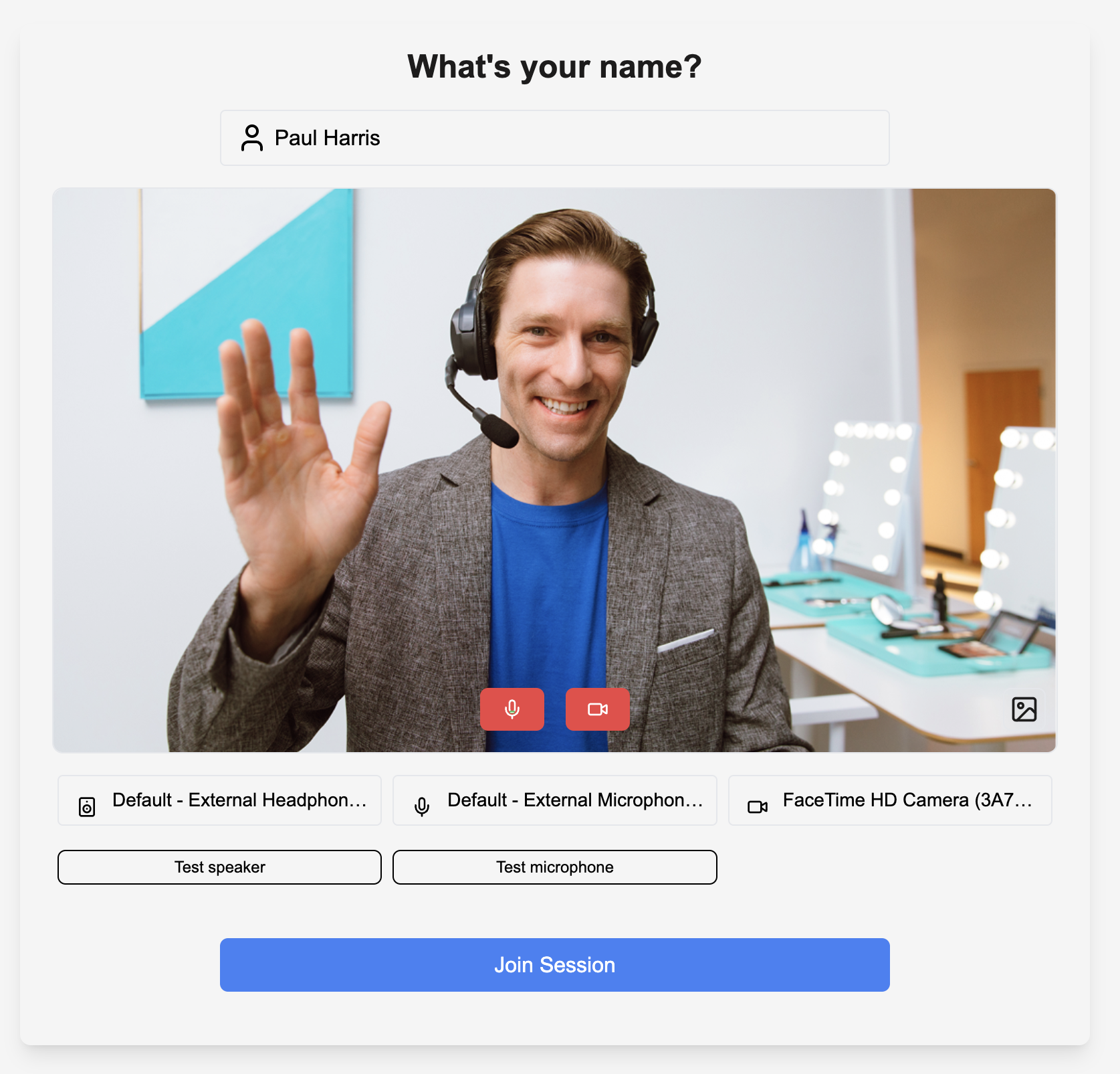 Audio, video, and speaker test screen