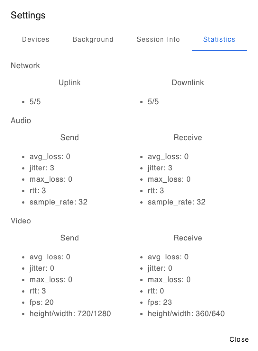 Show network signal strength and audio and video statistics