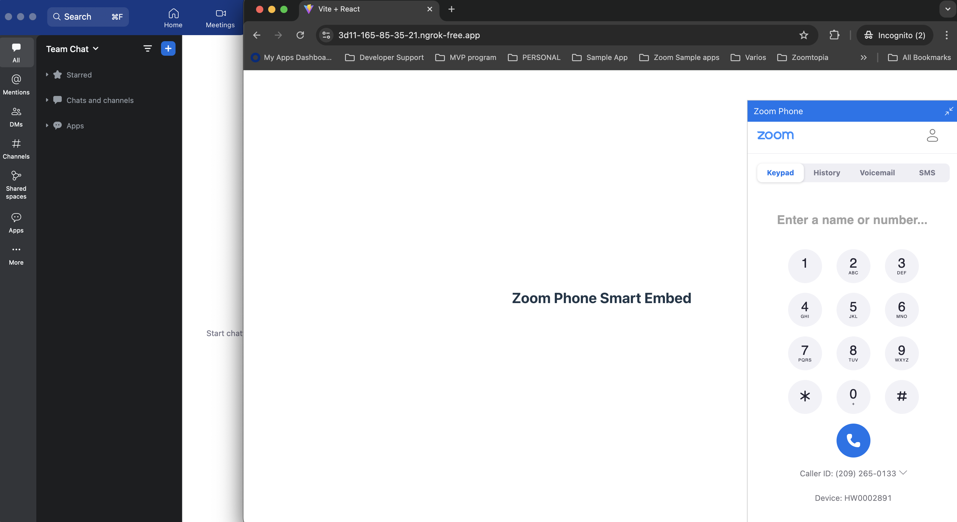 React app with Zoom Phone Smart Embed and client opened
